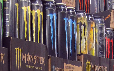 monster energy drinks on a shelf